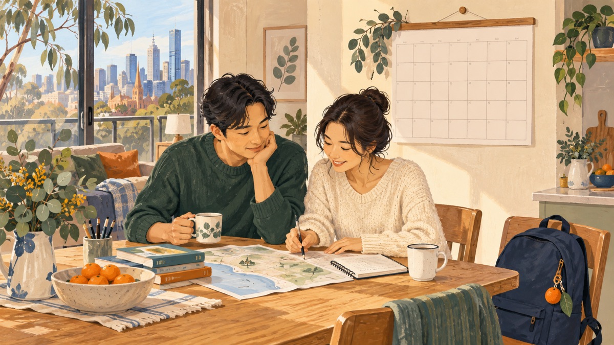 집 식탁에서 빈 달력을 보며 방학 일정을 계획하는 성인과 옆에 놓인 작은 가방